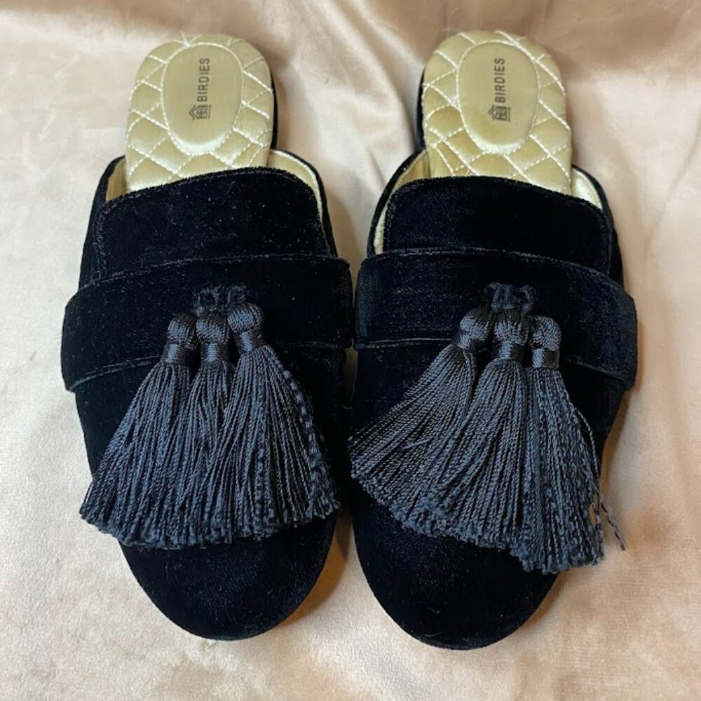 Birdies Robin Black Velvet Tassel Mules Size 6.5